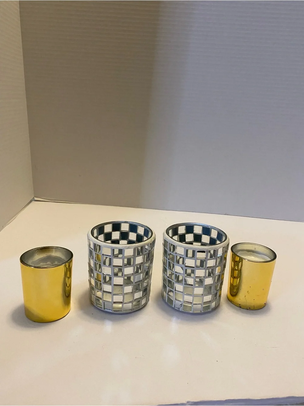 Silver Mirror Mosaic Votive Glass Candle Holder With Gold Insert Set Of 2